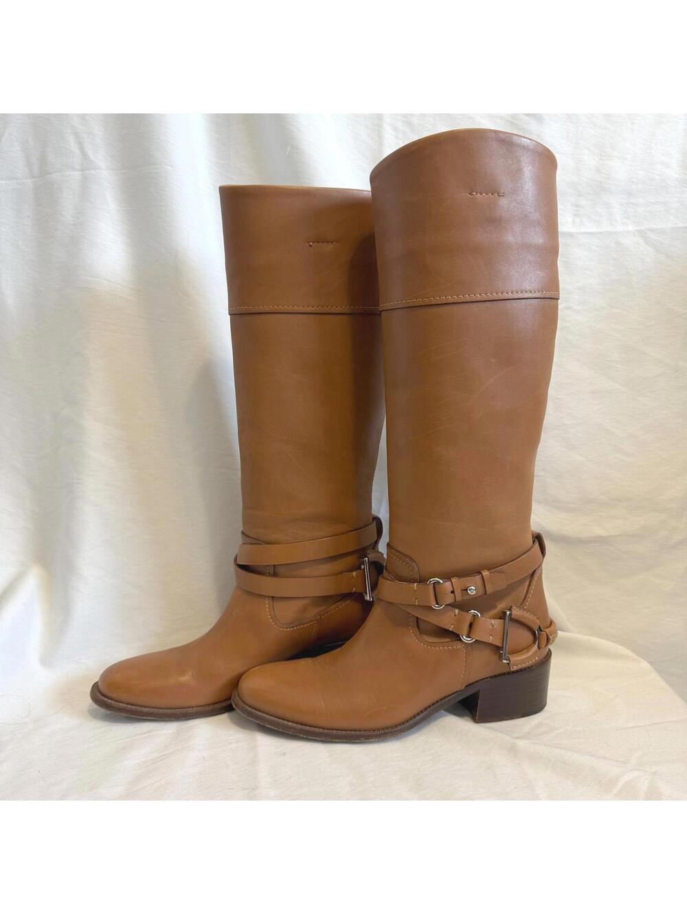 Ralph Lauren Collection Tall Riding Boots Size 7B Tan Leather Harness Straps